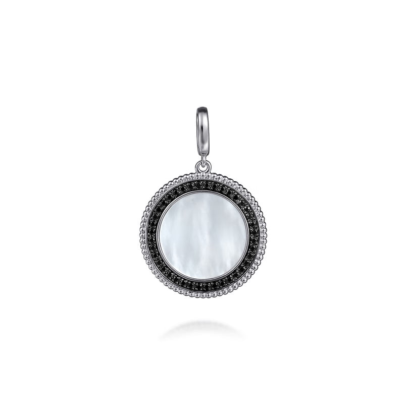 Gabriel & Co. Bujukan White Mother of Pearl & Black Spinel Medallion Pendant in Sterling Silver Front