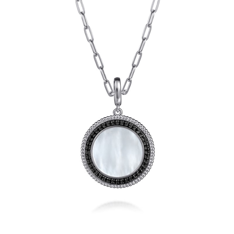 Gabriel & Co. Bujukan White Mother of Pearl & Black Spinel Medallion Pendant in Sterling Silver