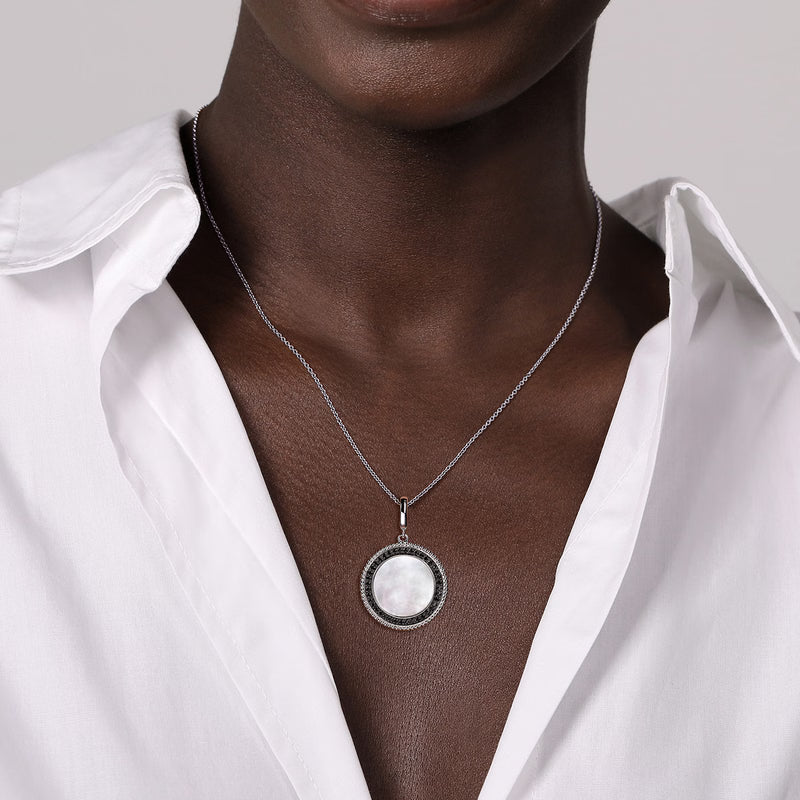 Gabriel & Co. Bujukan White Mother of Pearl & Black Spinel Medallion Pendant in Sterling Silver When Worn