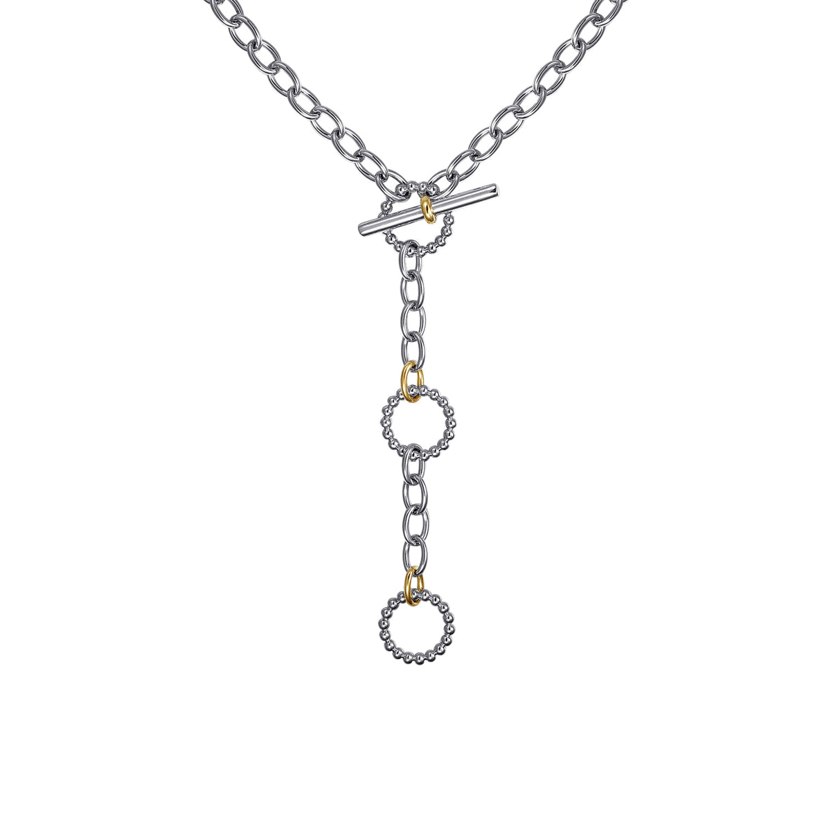 Gabriel & Co. NK7784MZJJJ two-tone Bujukan link necklace with a toggle bar and beaded silver circles joined by 14K yellow gold rings