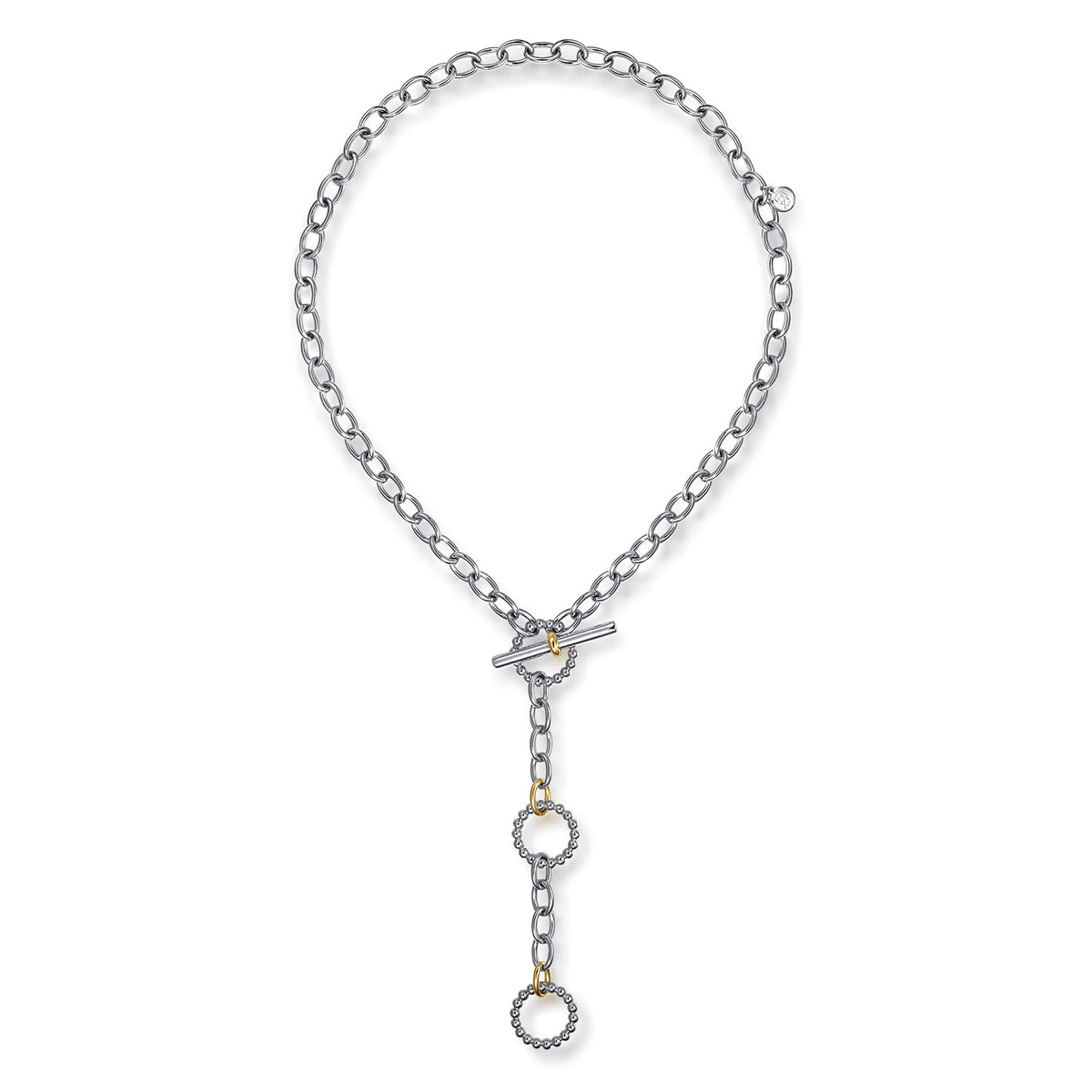 Gabriel & Co. Bujukan sterling silver oval link chain necklace with beaded circle Y drop, full length view