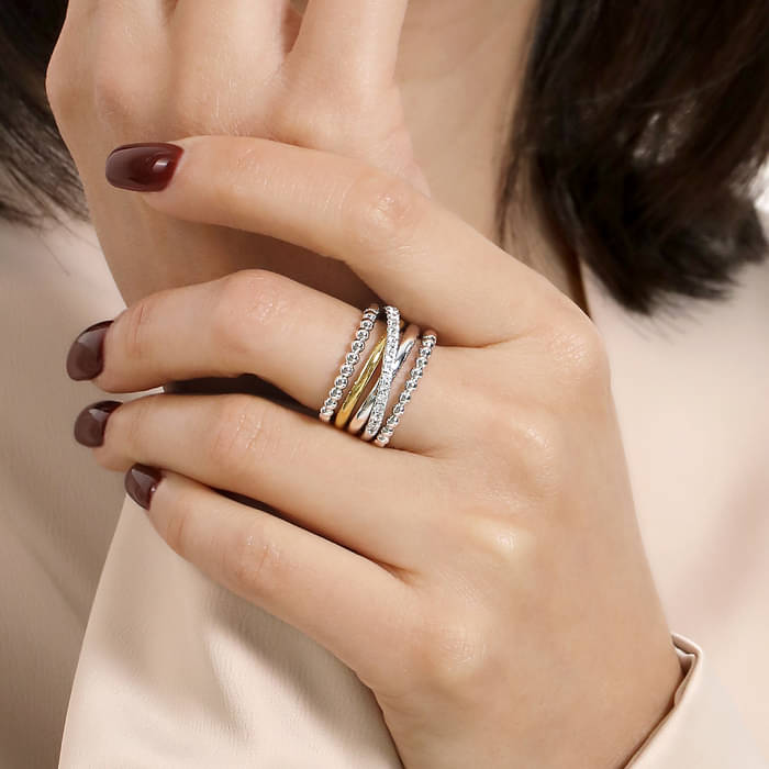 Gabriel & Co. Two-Tone Bujukan White Sapphire Multi-Layer Ring on Finger 