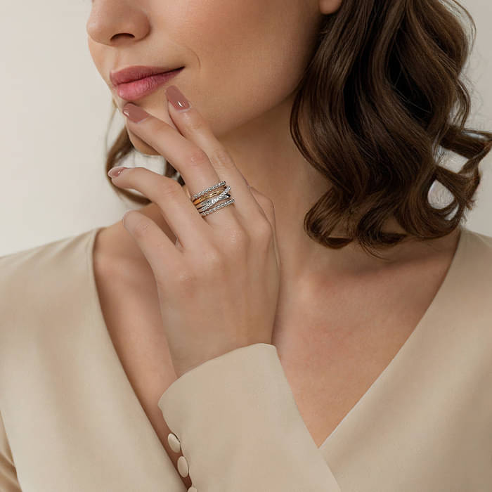 Gabriel & Co. Two-Tone Bujukan White Sapphire Multi-Layer Ring on Finger