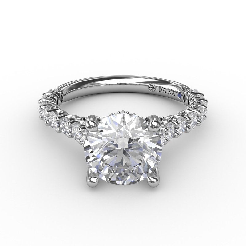 Fana 14K White Gold Contemporary Round Cut Side Prong Set Cathedral Diamond Engagement Ring Featuring 0.76 Carats of Round Cut Prong Set Diamonds.