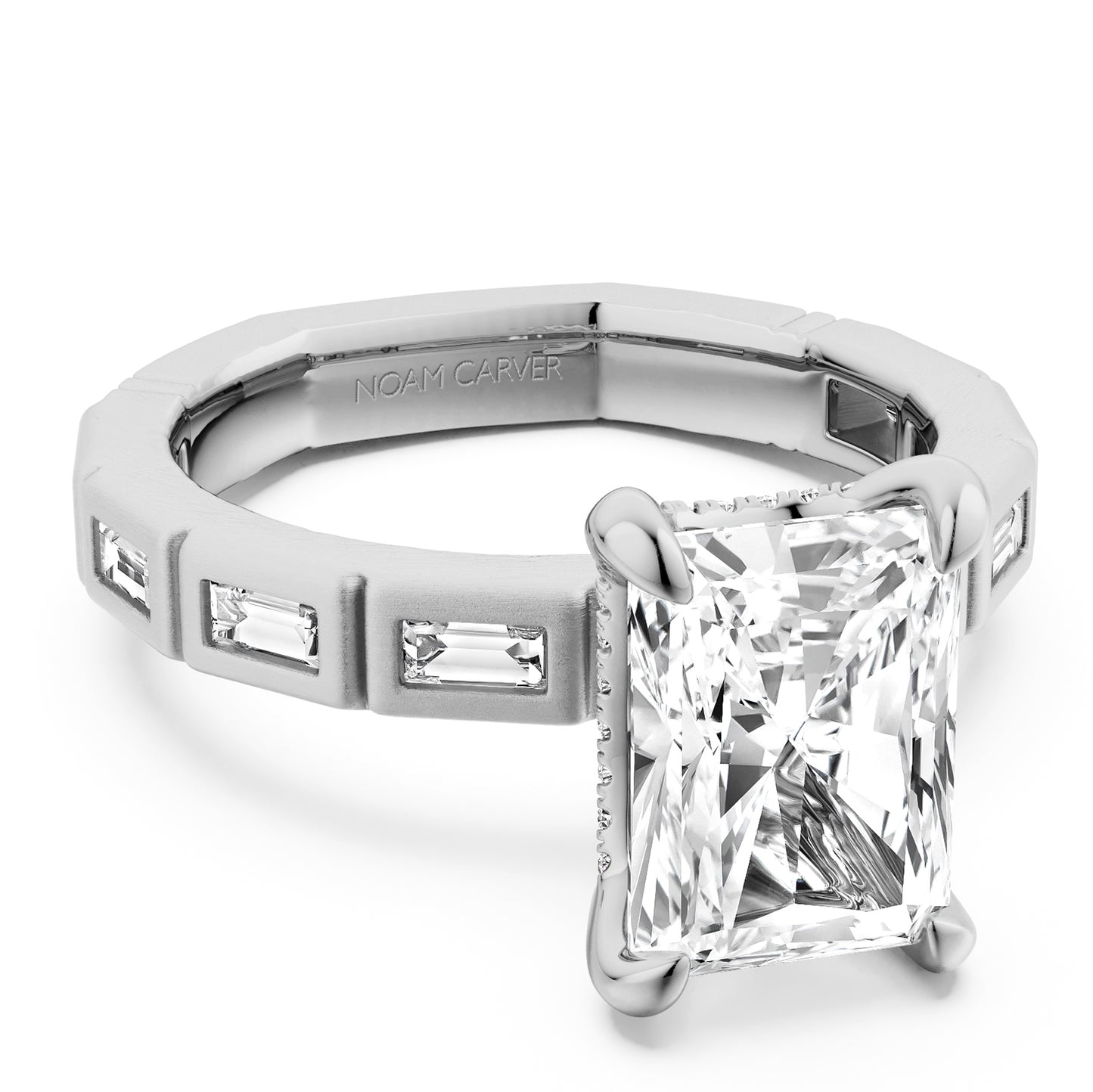 Noam Carver White Gold Atelier Flush Set East-West Set Side Baguette Cut Diamond Engagement Ring