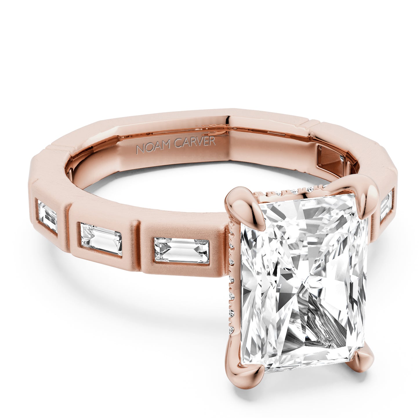 Noam Carver Rose Gold Atelier Flush Set East-West Set Side Baguette Cut Diamond Engagement Ring