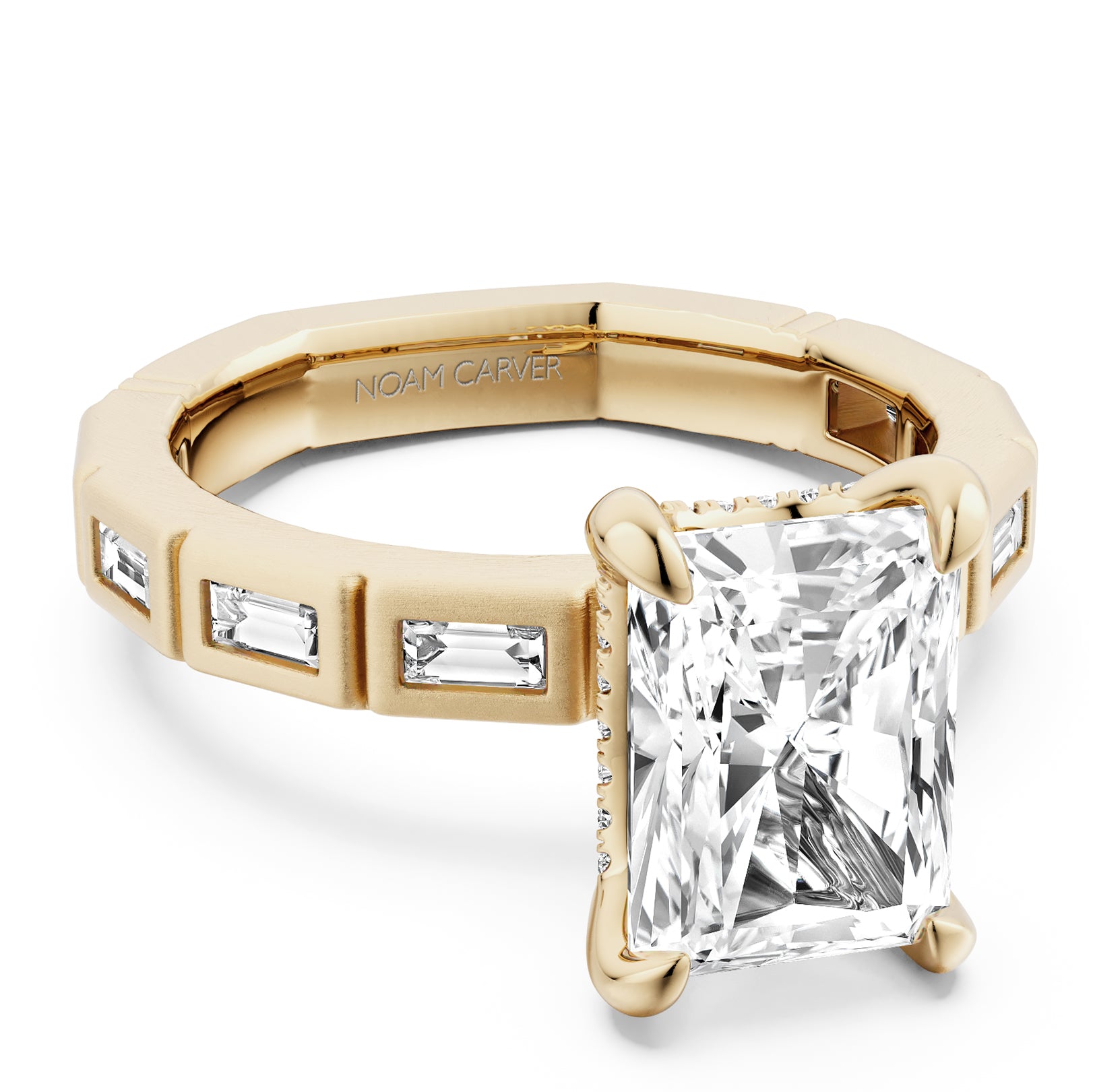 Noam Carver Yellow Gold Atelier Flush Set East-West Set Side Baguette Cut Diamond Engagement Ring