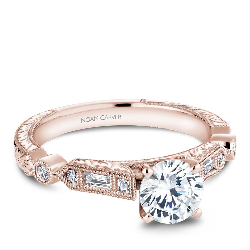 Noam Carver Rose Gold Vintage Style Baguette Side Diamond Engagement Ring