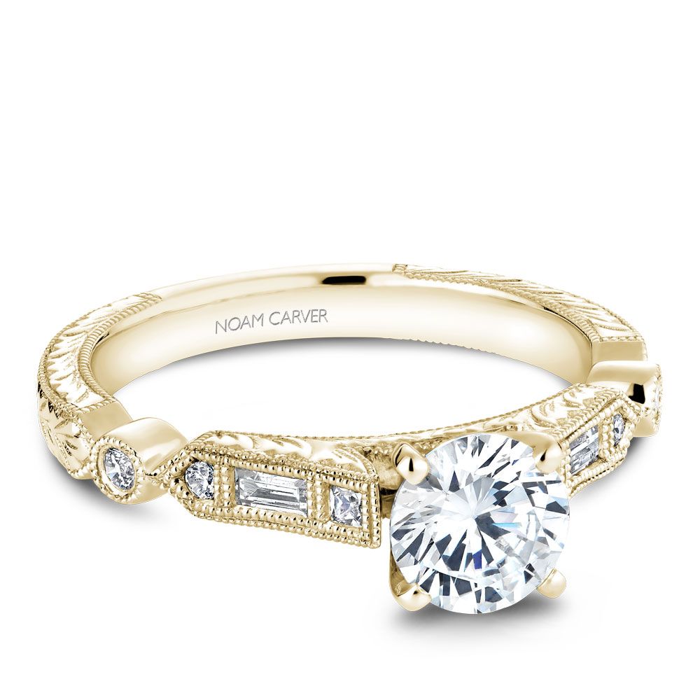 Noam Carver Yellow Gold Vintage Style Baguette Side Diamond Engagement Ring