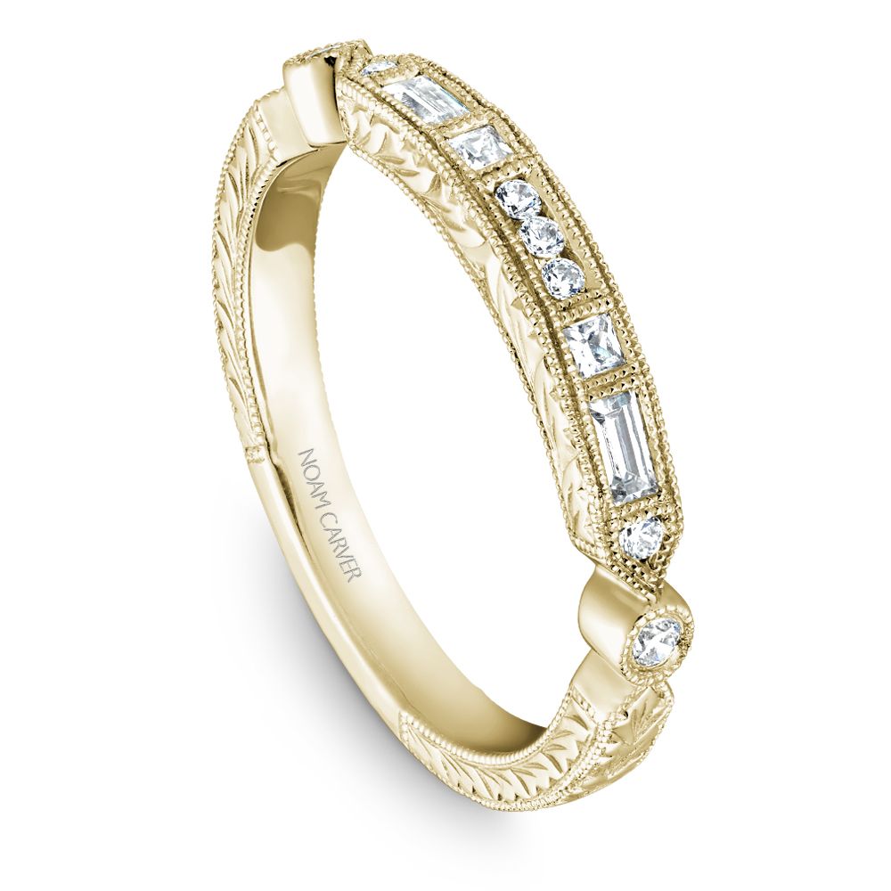 Noam Carver Yellow Gold Vintage Style Baguette Side Diamond Wedding Band