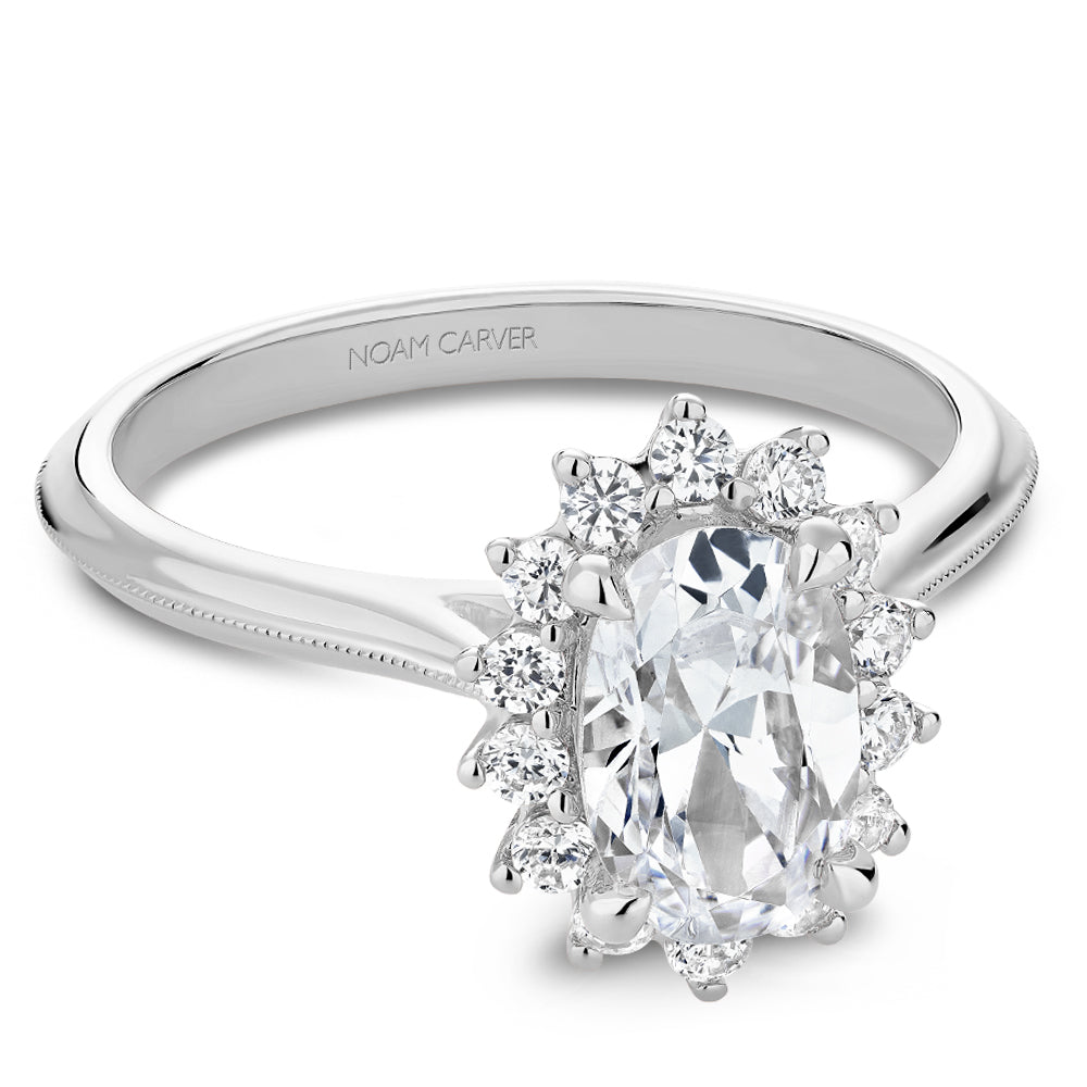 Noam White Gold Carver Oval Center Starburst Halo Diamond Engagement Ring 