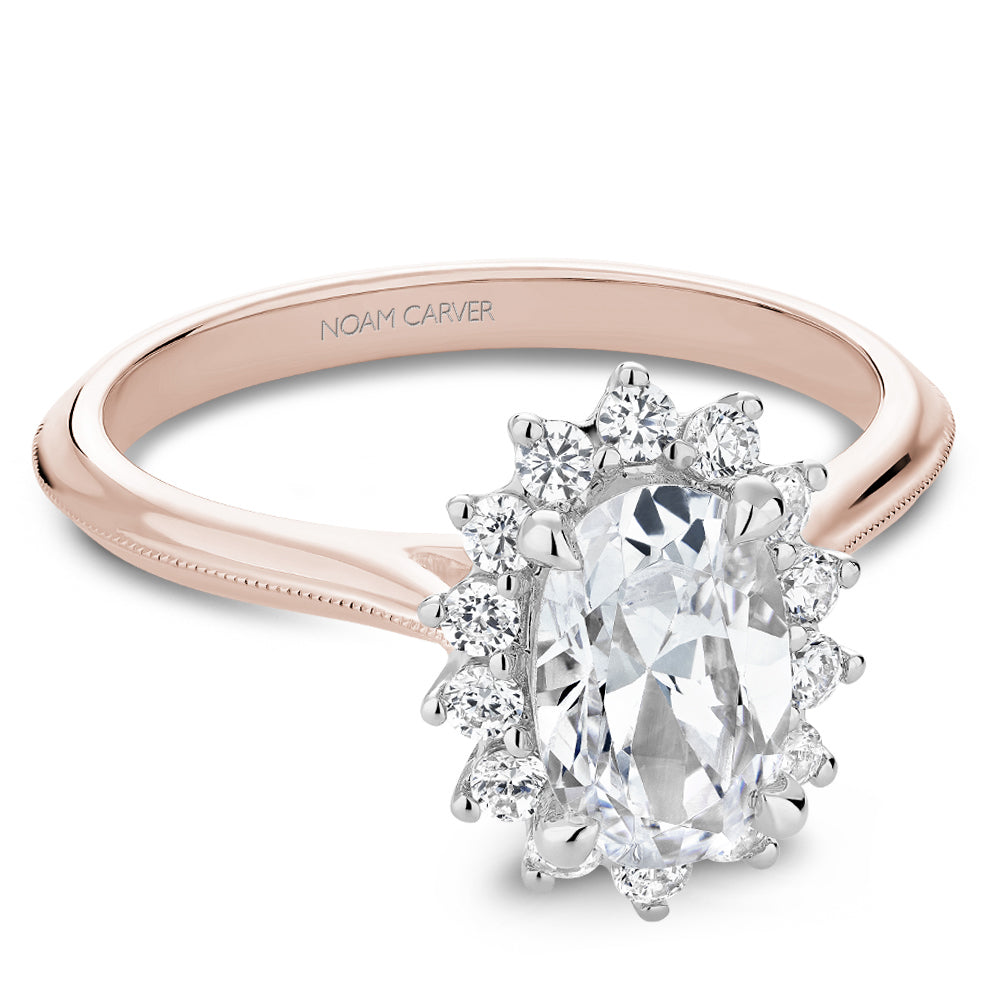 Noam Rose Gold Carver Oval Center Starburst Halo Diamond Engagement Ring with White Gold Head