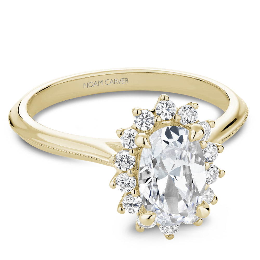Noam Yellow Gold Carver Oval Center Starburst Halo Diamond Engagement Ring 