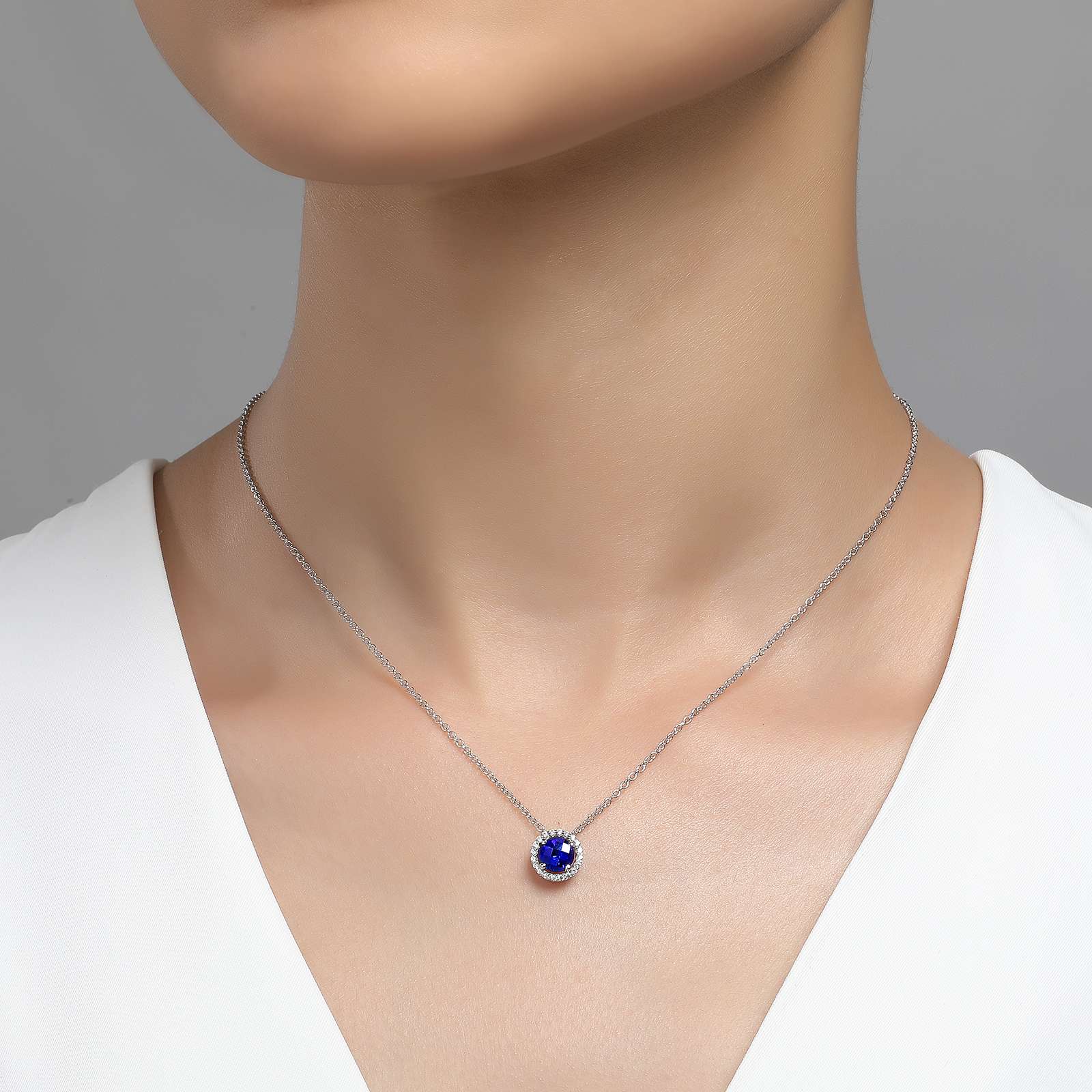 Lafonn Lab-Grown Sapphire September Birthstone Halo Necklace on Neck