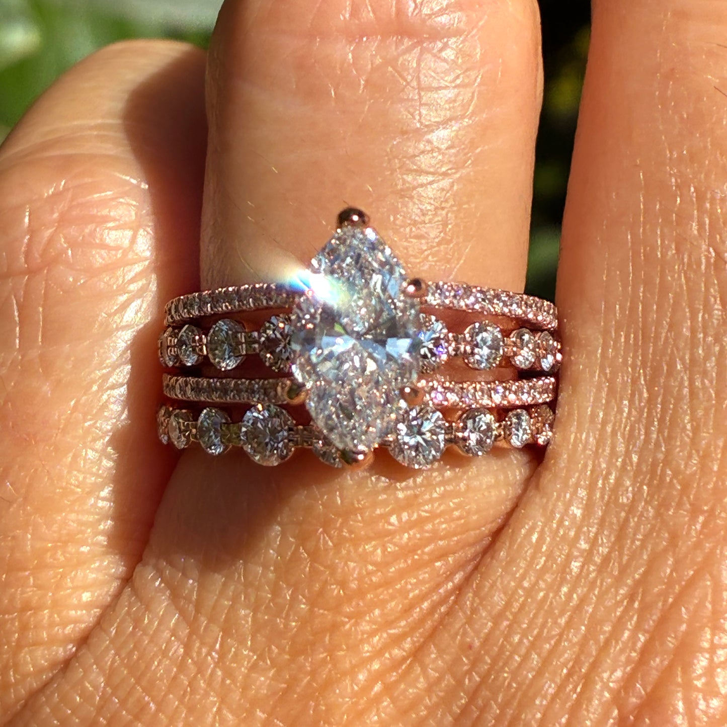 Video of the Ben Garelick Bianca Marquise Three Row Diamond Wedding Ring Set on Finger