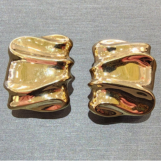 Ben Garelick Estate 14K Yellow High Polish Puffy Rectangular Wave Omega Clip Earrings