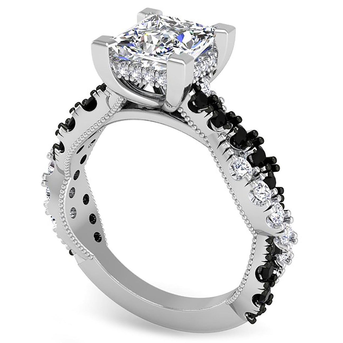 Ben Garelick 14K White Gold Large Luna Twist Hidden Halo Princess Cut Center Black & White Diamond Engagement Ring