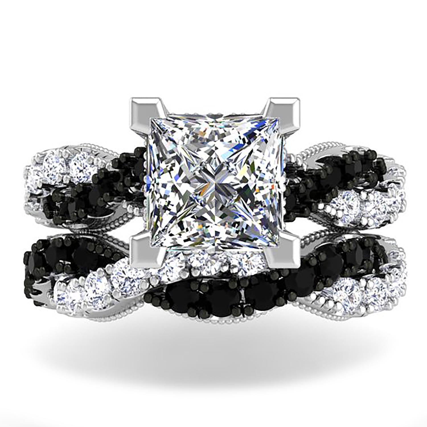 Ben Garelick 14K White Gold Large Luna Twist Hidden Halo Princess Cut Center Black & White Diamond Bridal Set 
