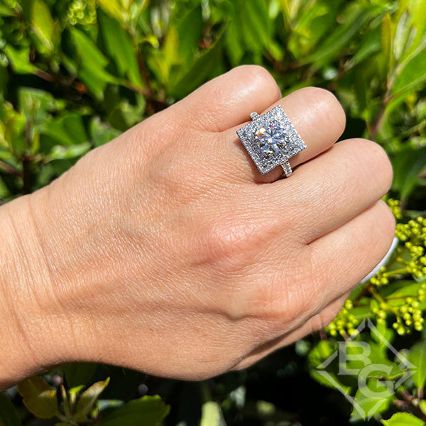 Ben Garelick Platinum Estella Art Deco Double Square Halo Pave Set Diamond Engagement Ring on Finger 