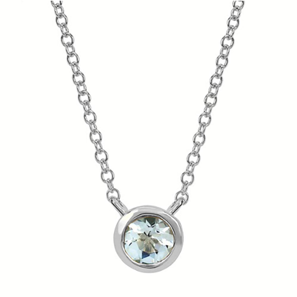Ben Garelick sterling silver bezel set aquamarine birthstone necklace on 18-inch chain