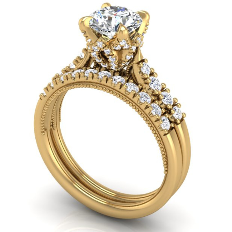Ben Garelick Astra Galactic Yellow Gold 1-Carat Head Round Diamond Engagement Ring Set 3D
