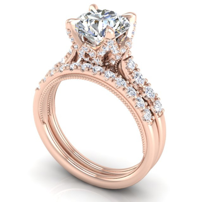 Ben Garelick Astra Galactic Rose Gold Head Round Diamond Engagement Ring Set