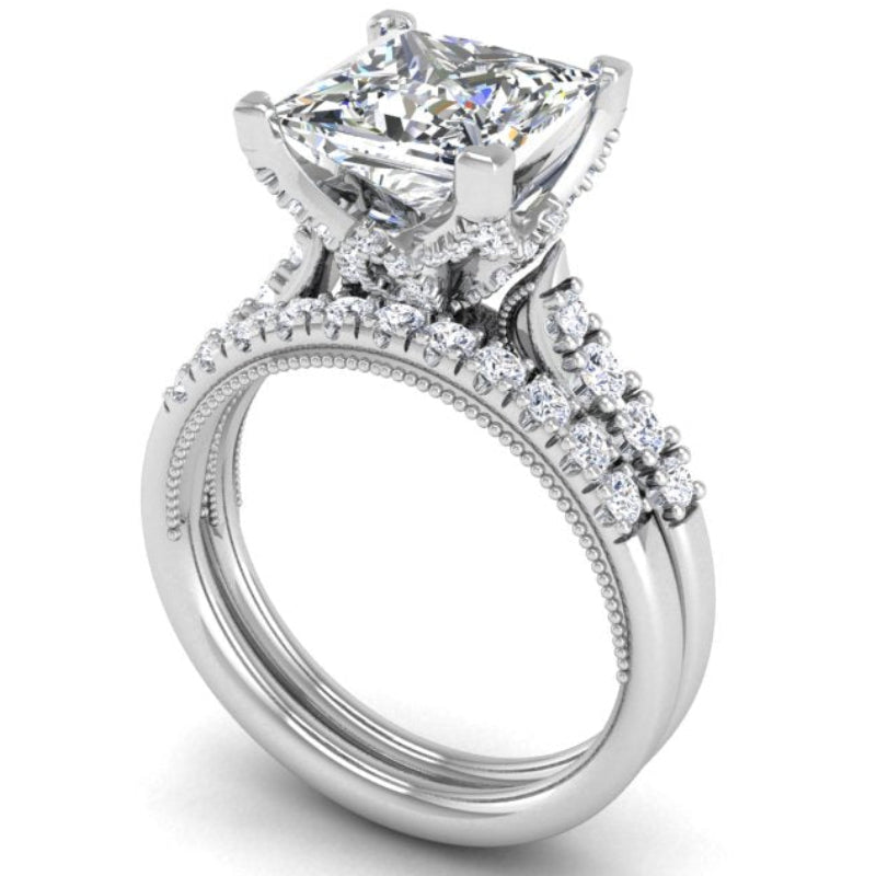 Ben Garelick Astra Galactic White Gold 3-Carat Princess Cut Diamond Engagement Ring 3D Set