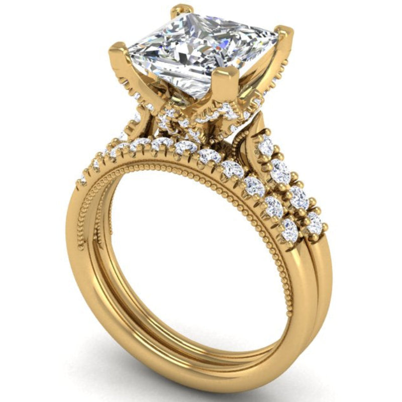 Ben Garelick Astra Galactic Yellow Gold 3-Carat Princess Cut Diamond Engagement Ring 3D Set