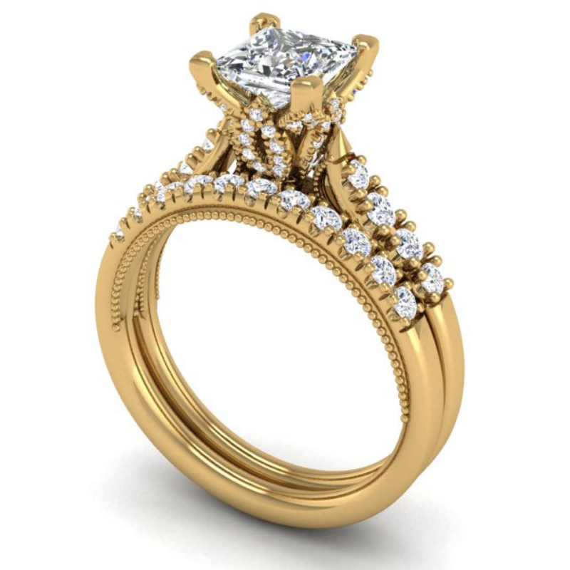 Ben Garelick Astra Galactic Yellow Gold 1-Carat Head Princess Diamond Engagement Ring  Set