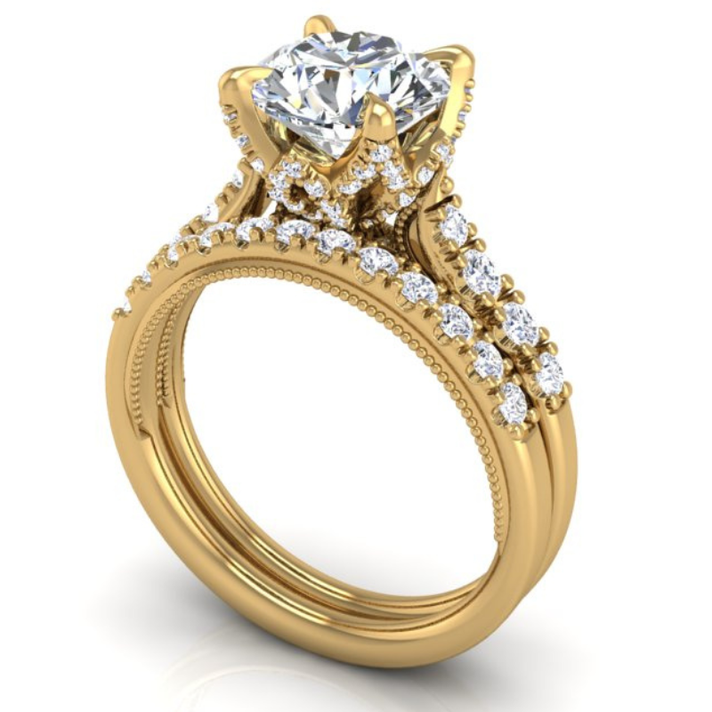 Ben Garelick Astra Galactic Yellow Gold  Head Round Diamond Engagement Ring Set