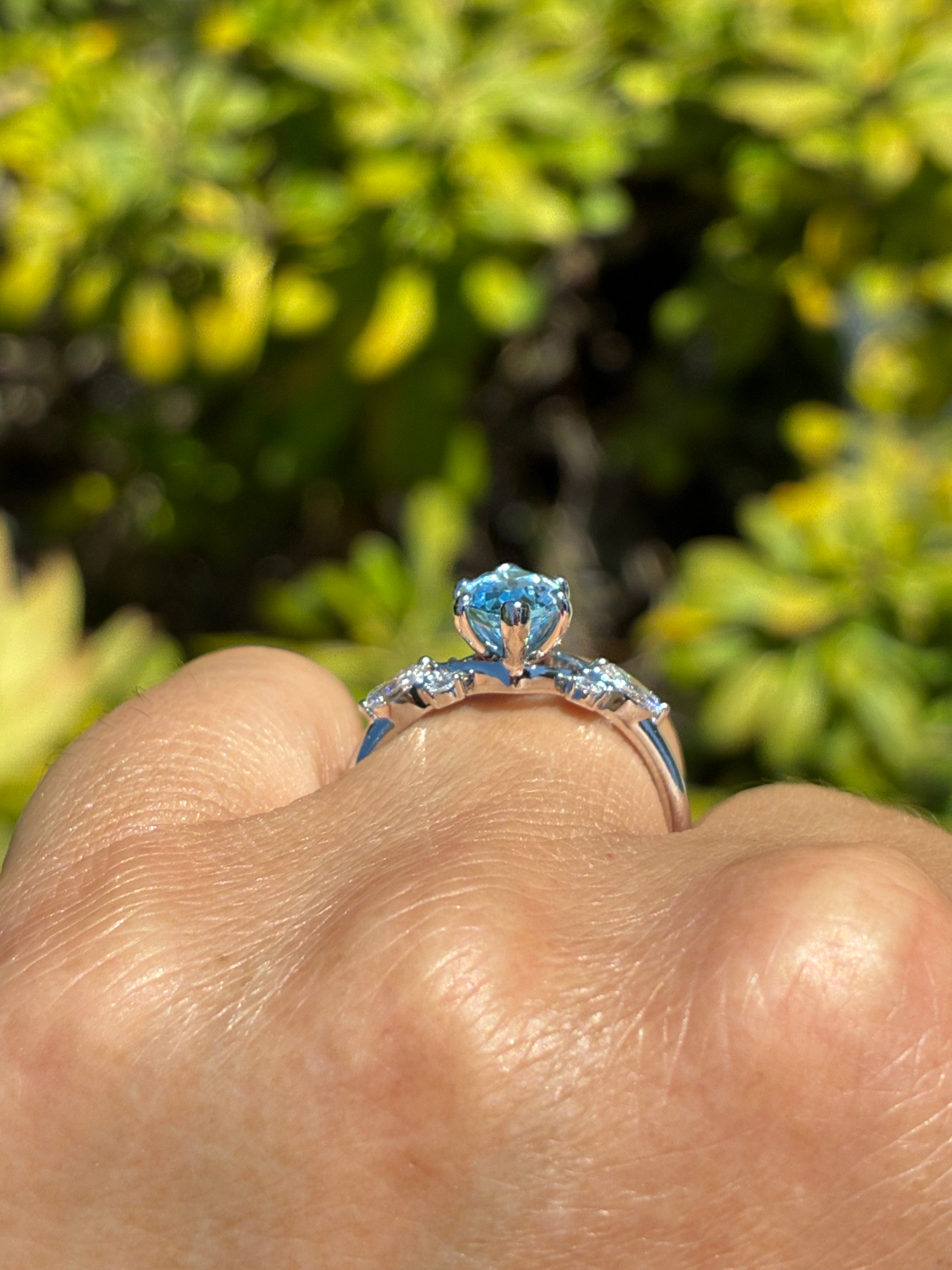 Ben Garelick 14K White Gold Auriel Marquise Cut Blue Topaz and Lab-Grown Diamond Engagement Ring on Finger Showing Height of Ring