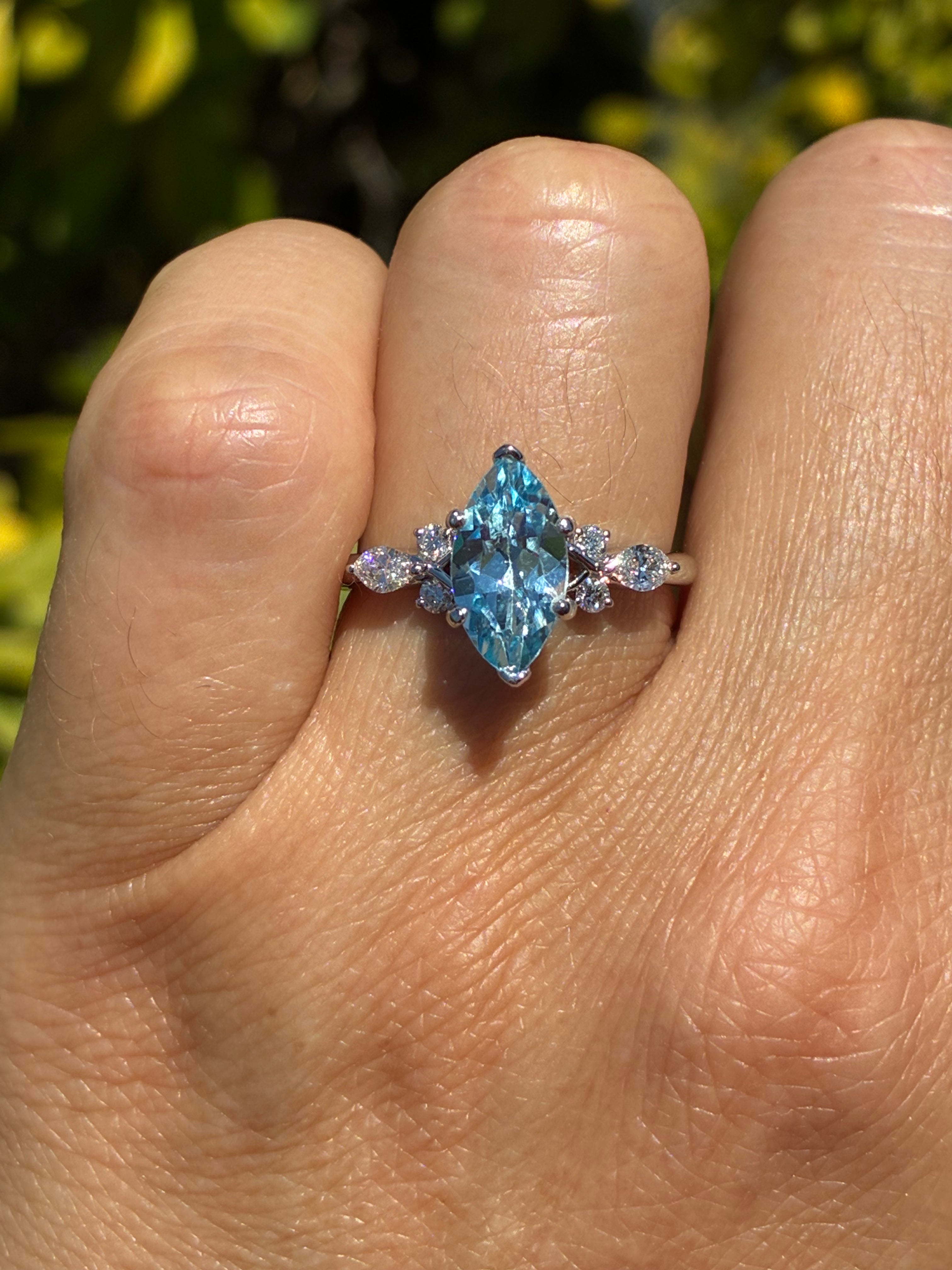 Ben Garelick 14K White Gold Auriel Marquise Cut Blue Topaz and Lab-Grown Diamond Engagement Ring on Finger
