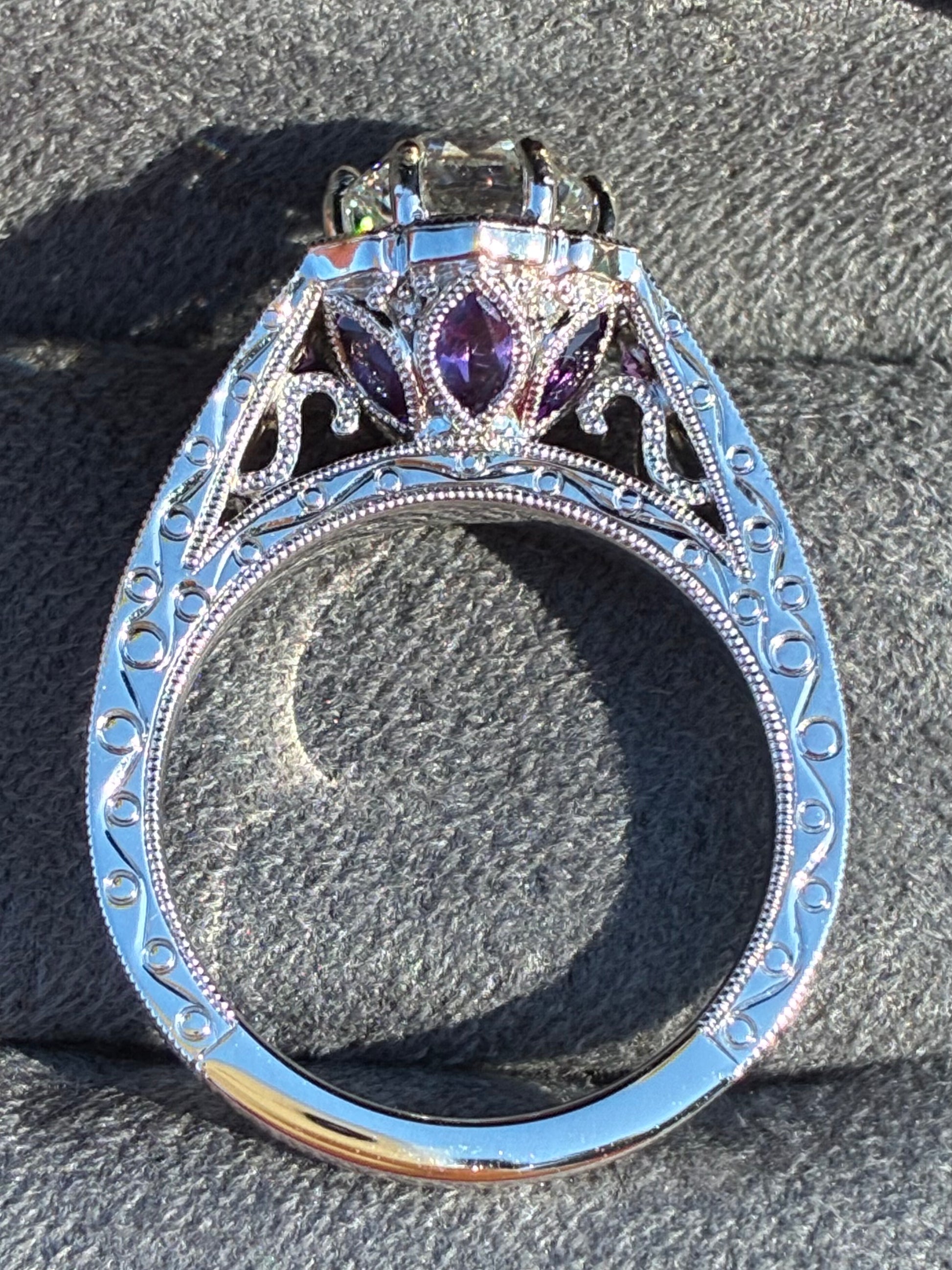 Ben Garelick 14K White Gold Marcelline Vintage Inspired Scalloped Halo Amethyst & Diamond Engagement Ring_Side View