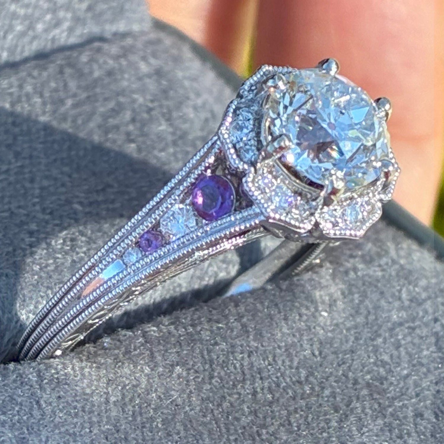 Ben Garelick 14K White Gold Marcelline Vintage Inspired Scalloped Halo Amethyst & Diamond Engagement Ring