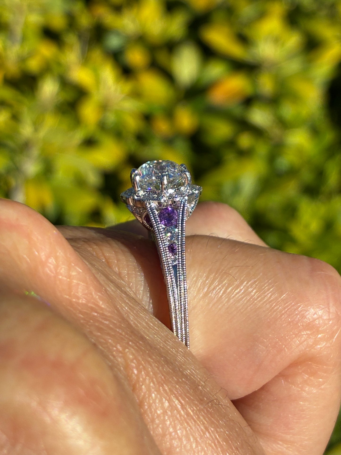 Ben Garelick 14K White Gold Marcelline Vintage Inspired Scalloped Halo Amethyst & Diamond Engagement Ring on Hand