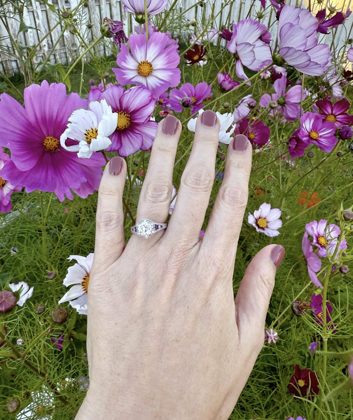 Ben Garelick Marcelline Vintage Inspired Scalloped Halo Amethyst & Diamond Engagement Ring_on Hand