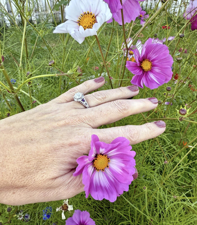 Ben Garelick Marcelline Vintage Inspired Scalloped Halo Amethyst & Diamond Engagement Ring_on Hand