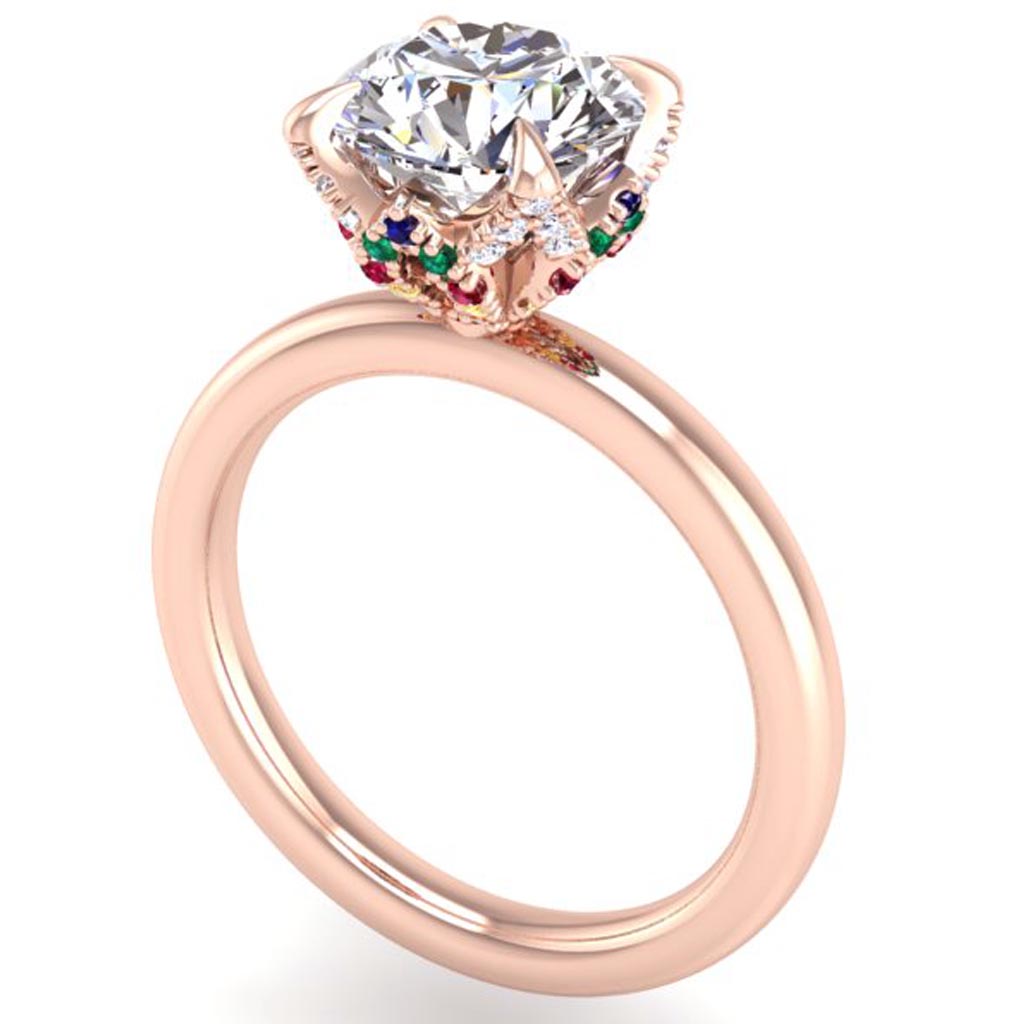 Ben Garelick Rose Gold Radiance Solitaire Engagement Ring Featuring a Rainbow of Colors Pave Set in the Gallery of the Engagement Ring