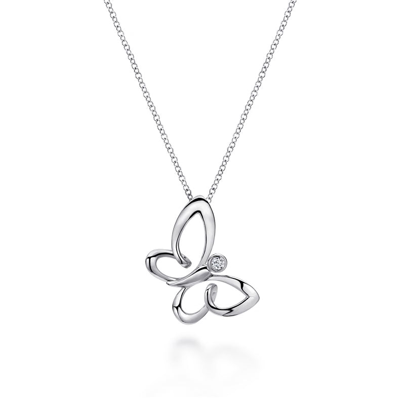 Gabriel & Co. Butterfly White Sapphire Sideways Pendant Necklace in Sterling Silver