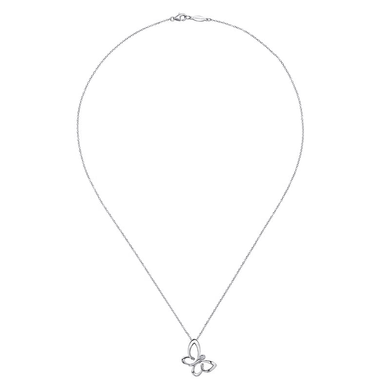 Gabriel & Co. Butterfly White Sapphire Sideways Pendant Necklace in Sterling Silver