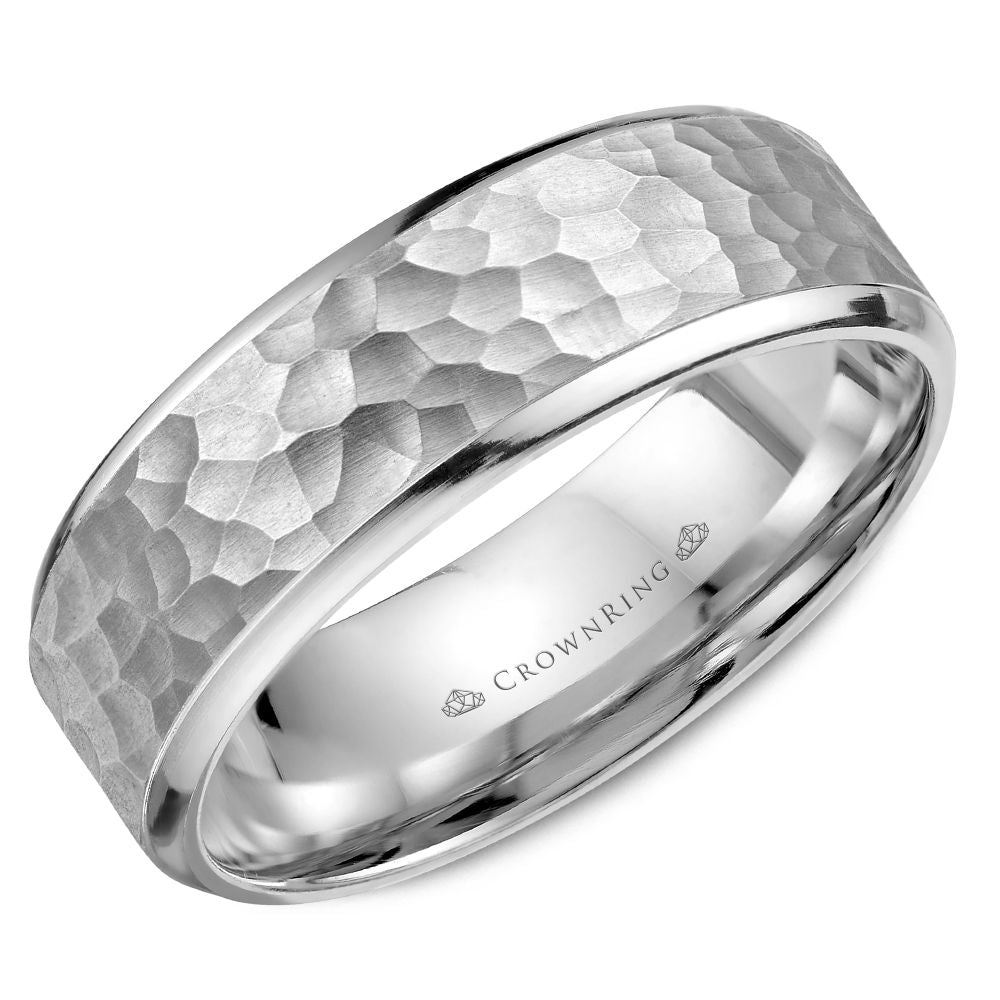 CrownRing White Hammered with High Polished Edges Wedding Band