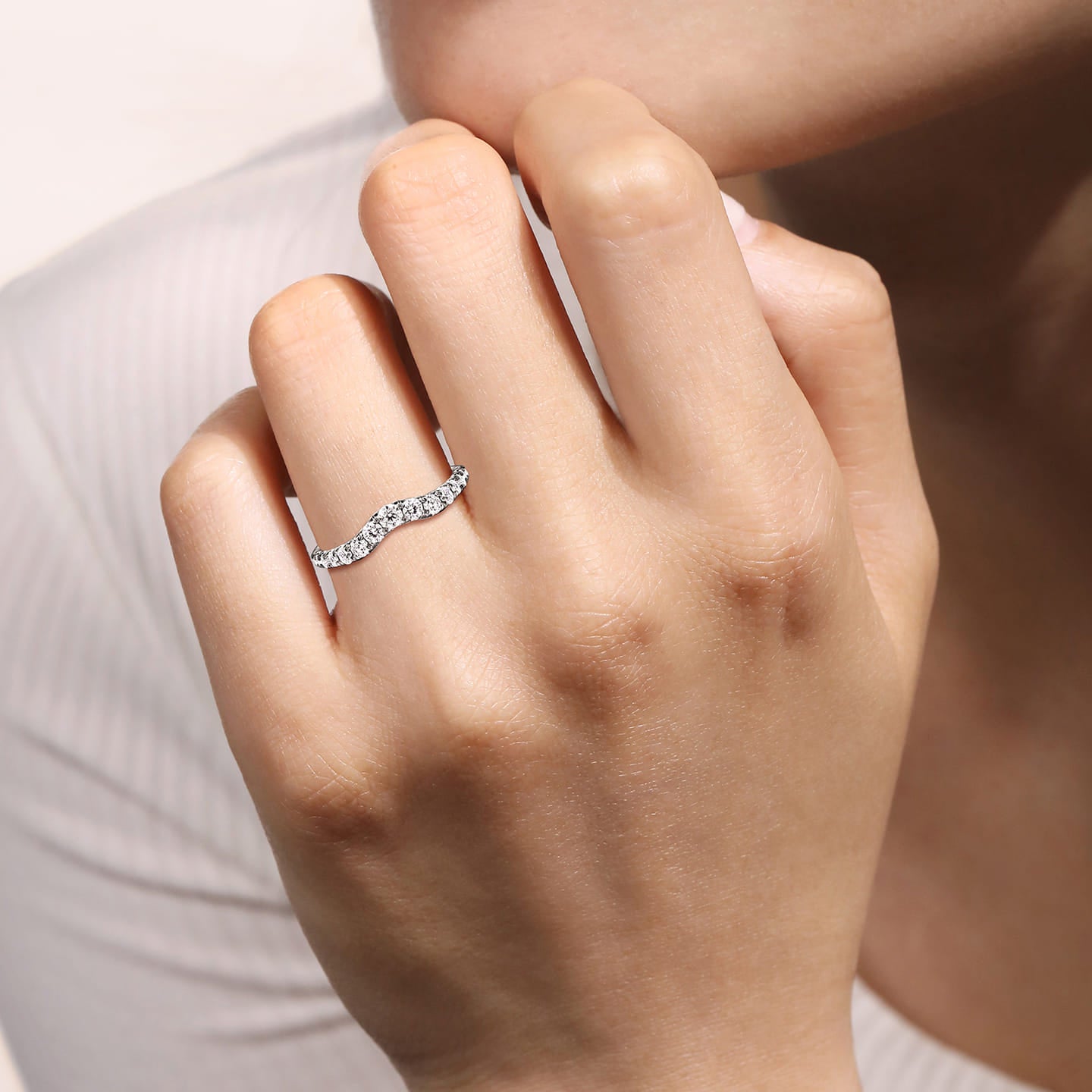Gabriel & Co. White Gold Chambery Curved Graduating Diamond Wedding Band on Hand