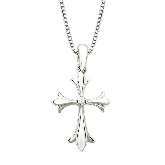 Ben Garelick sterling silver cross pendant with flared budded tips and a bezel-set round diamond center on a box chain