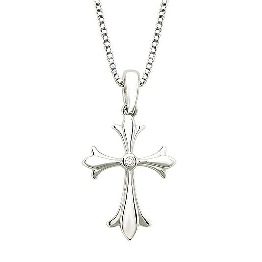 Ben Garelick sterling silver cross pendant with flared budded tips and a bezel-set round diamond center on a box chain