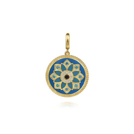 Gabriel & Co. Yellow Gold Bujukan Multicolor Enamel Medallion Pendant