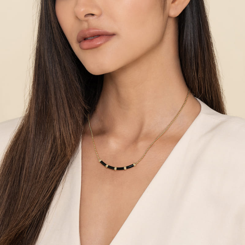Gabriel & Co. Bujukan Bar Curved Black Enamel Necklace on Model