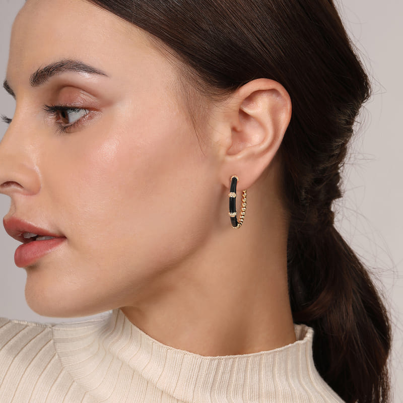 Gabriel & Co. Bujukan Beads and Bar Split Classic Black Enamel Hoop on Model