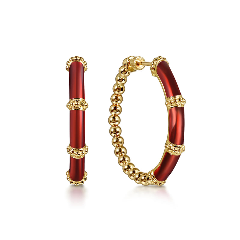 Gabriel & Co. Bujukan Beads and Bar Split Classic Chrome Red Enamel Hoop