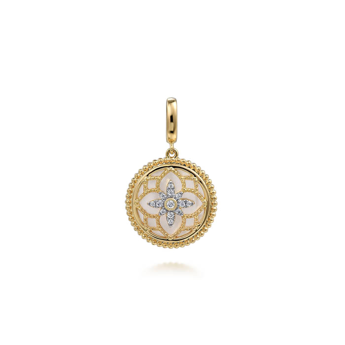 Gabriel & Co. Yellow Gold Bujukan Diamond Floral Mother of Pearl Medallion Pendant