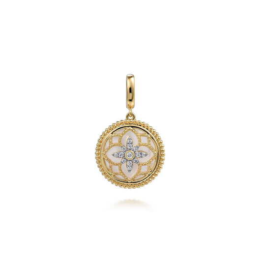 Gabriel & Co. Yellow Gold Bujukan Diamond Floral Mother of Pearl Medallion Pendant